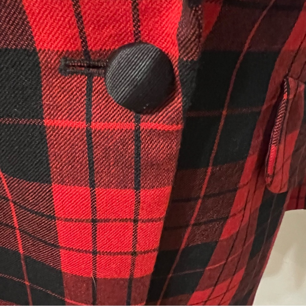 Vintage 80s Plaid Red Black Wool Blazer Leather Collar Satin Button Pristine - Picture 6 of 10